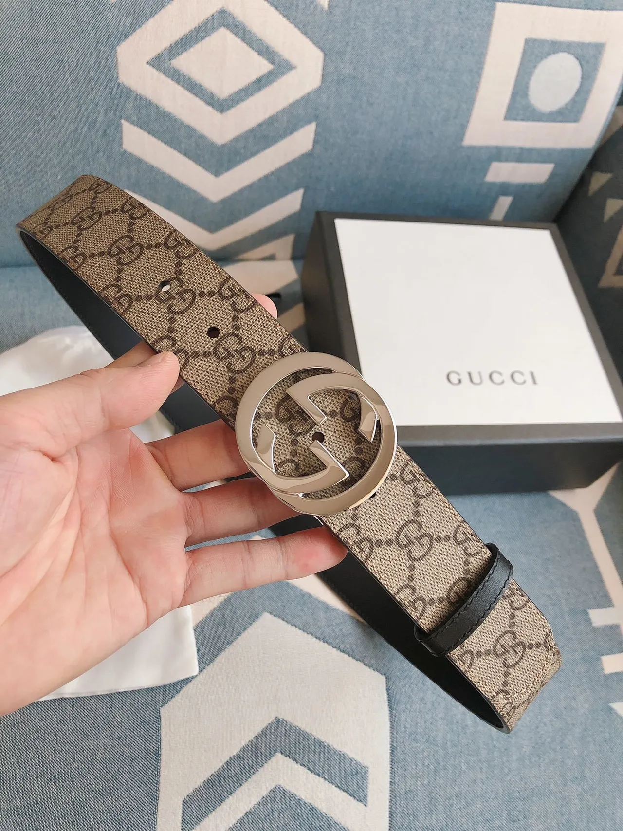 Gucci Ophidia Beige Brown GG Monogram Canvas Interlocking G Buckle Leather Belt 7