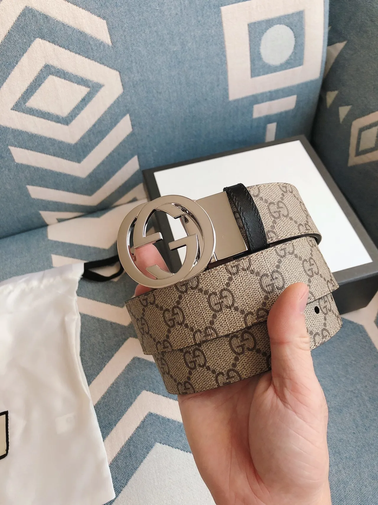 Gucci Ophidia Beige Brown GG Monogram Canvas Interlocking G Buckle Leather Belt 8