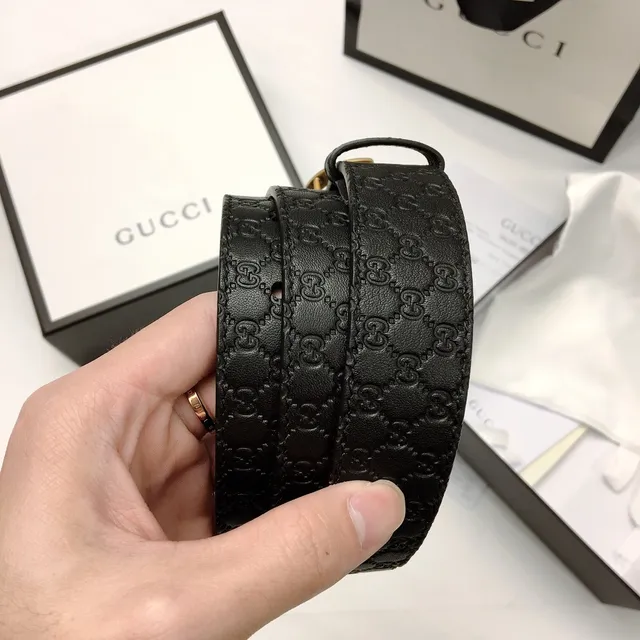 Gucci Ophidia Black Gold GG Monogram Embossed Interlocking Double G Buckle Leather Belt 2