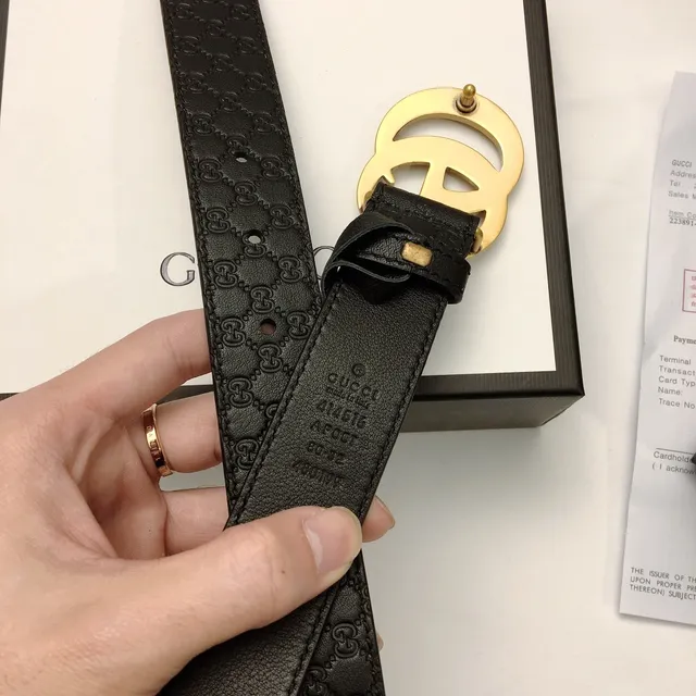 Gucci Ophidia Black Gold GG Monogram Embossed Interlocking Double G Buckle Leather Belt 7
