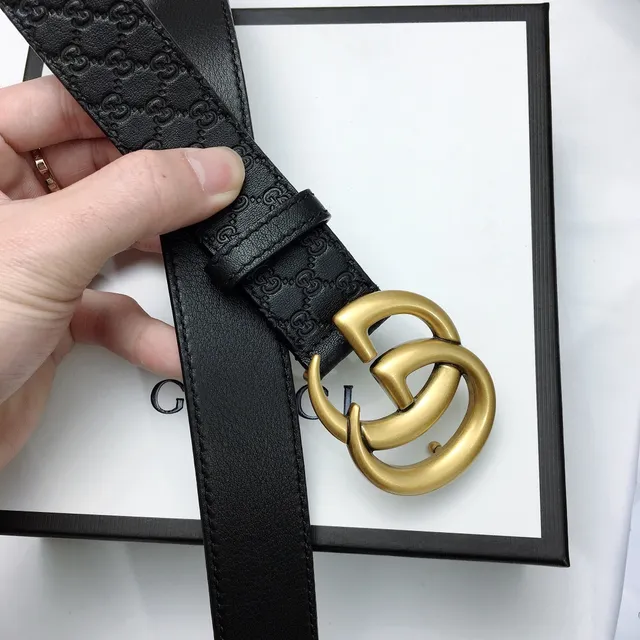 Gucci Ophidia Black Gold GG Monogram Embossed Interlocking Double G Buckle Leather Belt 8