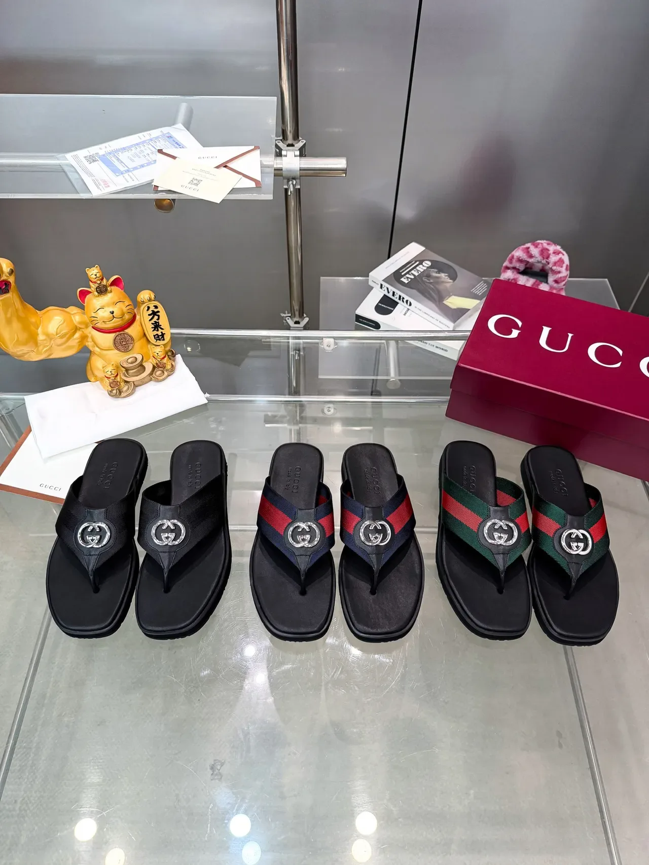 Sandales Gucci Ophidia Noir Multicolore Bride de Tong Boucle Métal Double G 1