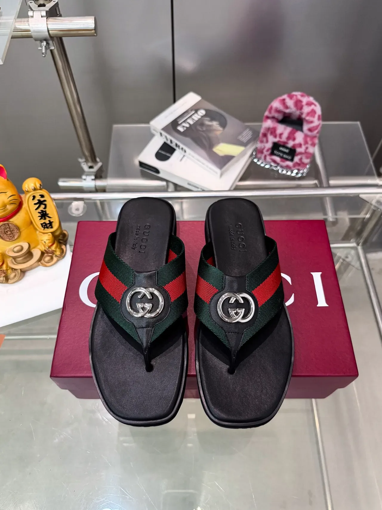Sandales Gucci Ophidia Noir Multicolore Bride de Tong Boucle Métal Double G 5