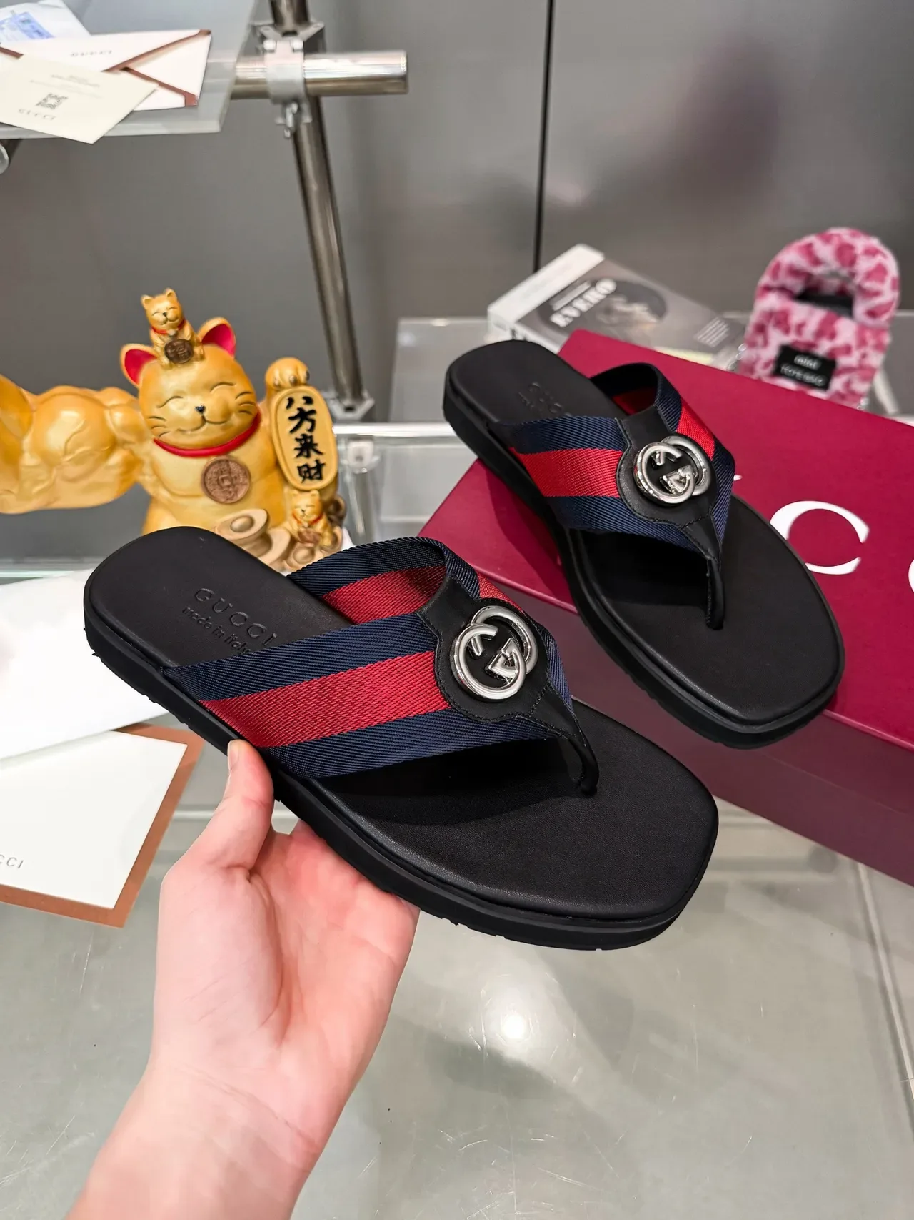 Sandales Gucci Ophidia Noir Multicolore Bride de Tong Boucle Métal Double G 9
