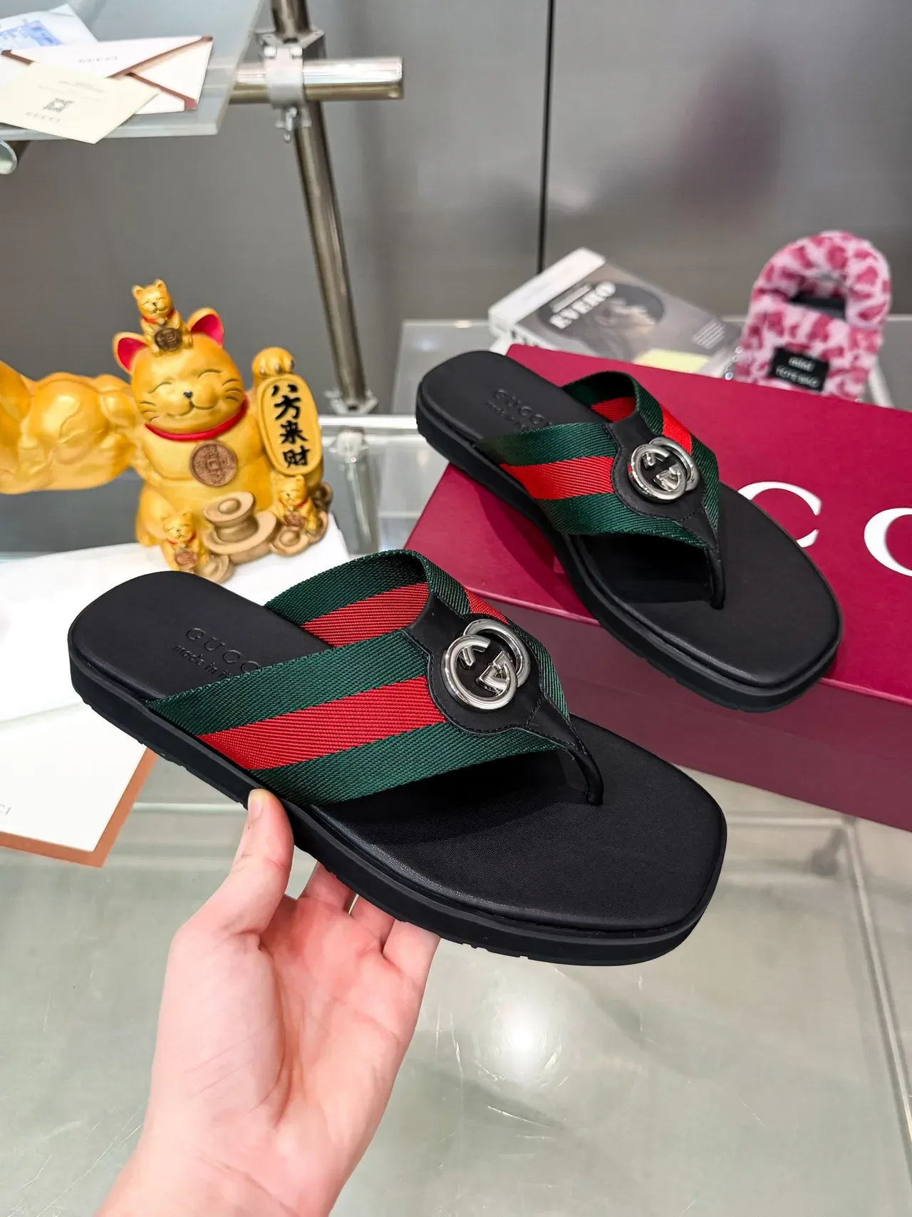 Sandales Gucci Ophidia Noir Multicolore Bride de Tong Boucle Métal Double G 10