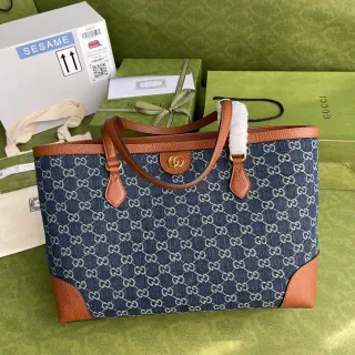 Gucci Ophidia GG Monogram Denim Blue and Tan Leather Tote Bag