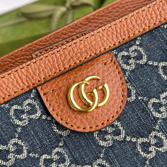 Gucci Ophidia GG Monogram Bolsa Tote de Denim Azul e Couro Tan 5
