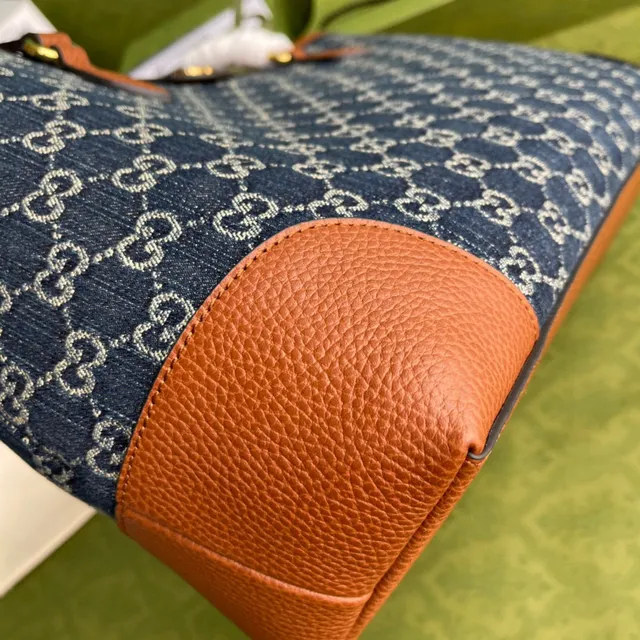 Gucci Ophidia GG Monogram Bolsa Tote de Denim Azul e Couro Tan 6