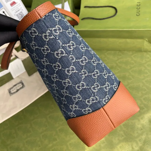 Gucci Ophidia GG Monogram Bolsa Tote de Denim Azul e Couro Tan 8
