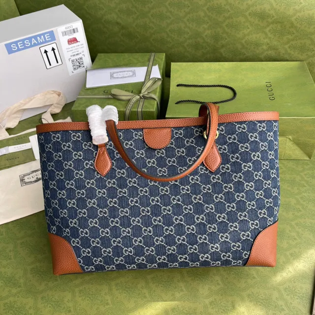 Gucci Ophidia GG Monogram Bolsa Tote de Denim Azul e Couro Tan 9
