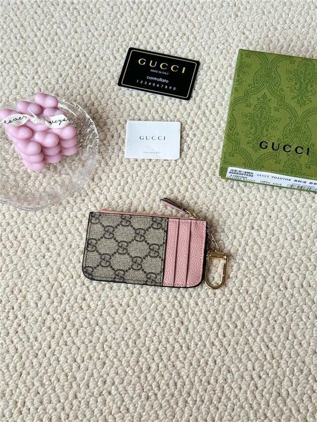 Gucci Ophidia Porte-Cartes en Cuir Rose Blanc Bicolore et GG Supreme Canvas Hardware G Entrelacé 5