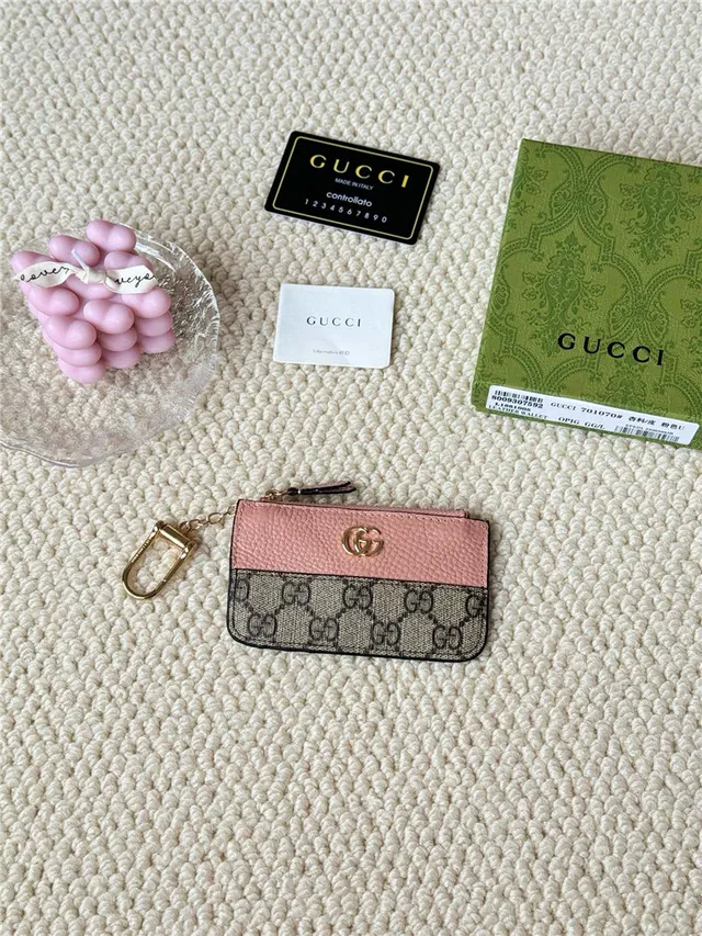 Gucci Ophidia Porte-Cartes en Cuir Rose Blanc Bicolore et GG Supreme Canvas Hardware G Entrelacé 7