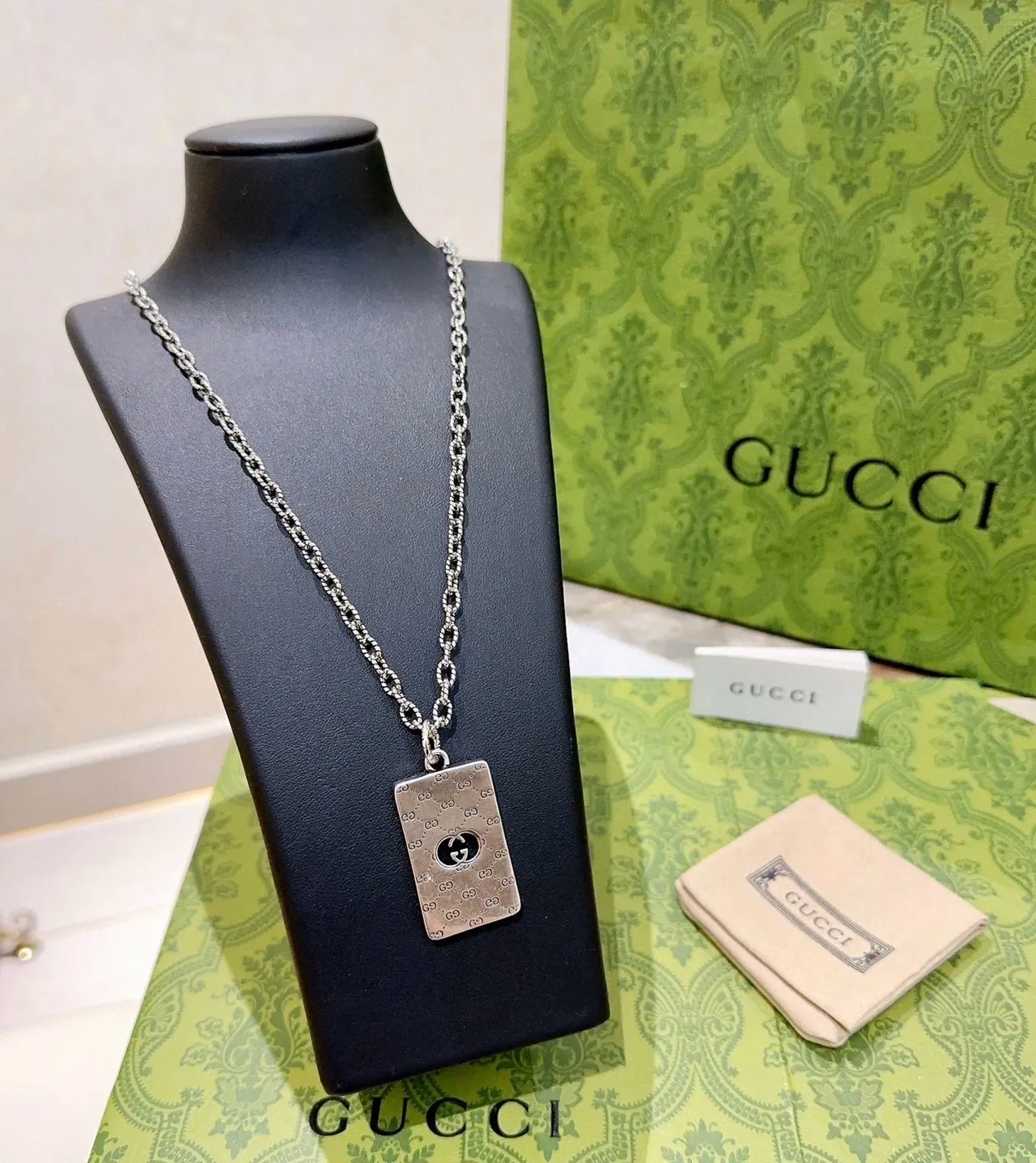 Gucci Ophidia Rectangular GG Monogram Silver Necklace 2