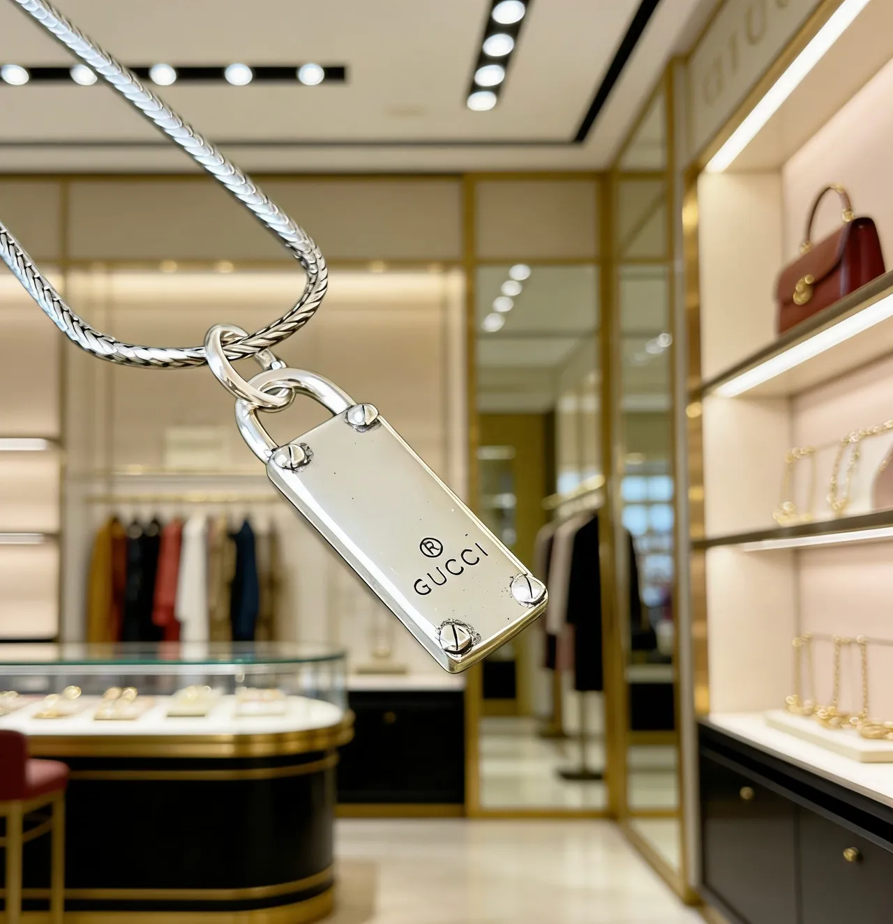 Gucci Padlock Silver Pendant Braided Curb Chain Necklace 8