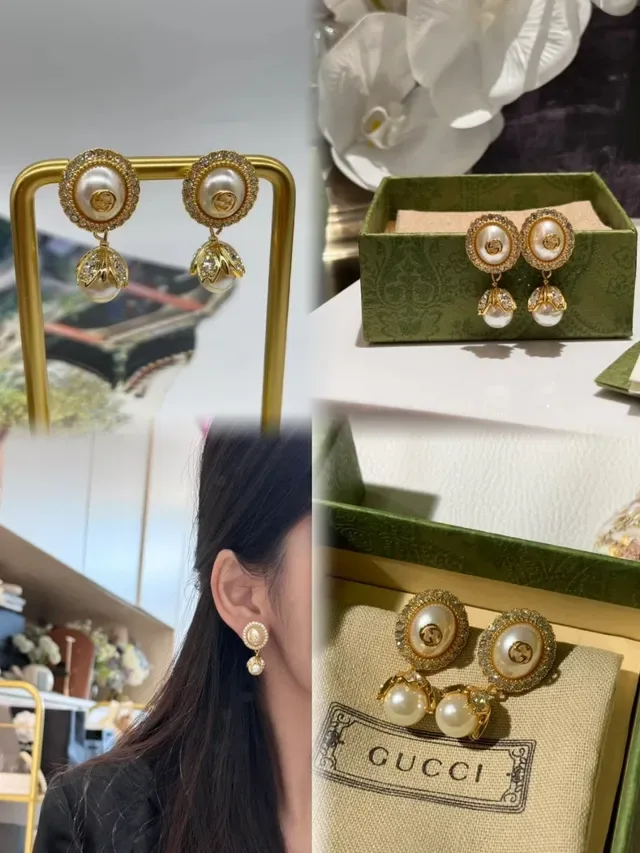 Gucci Pearl and Crystal Interlocking G Dangling Earrings 4