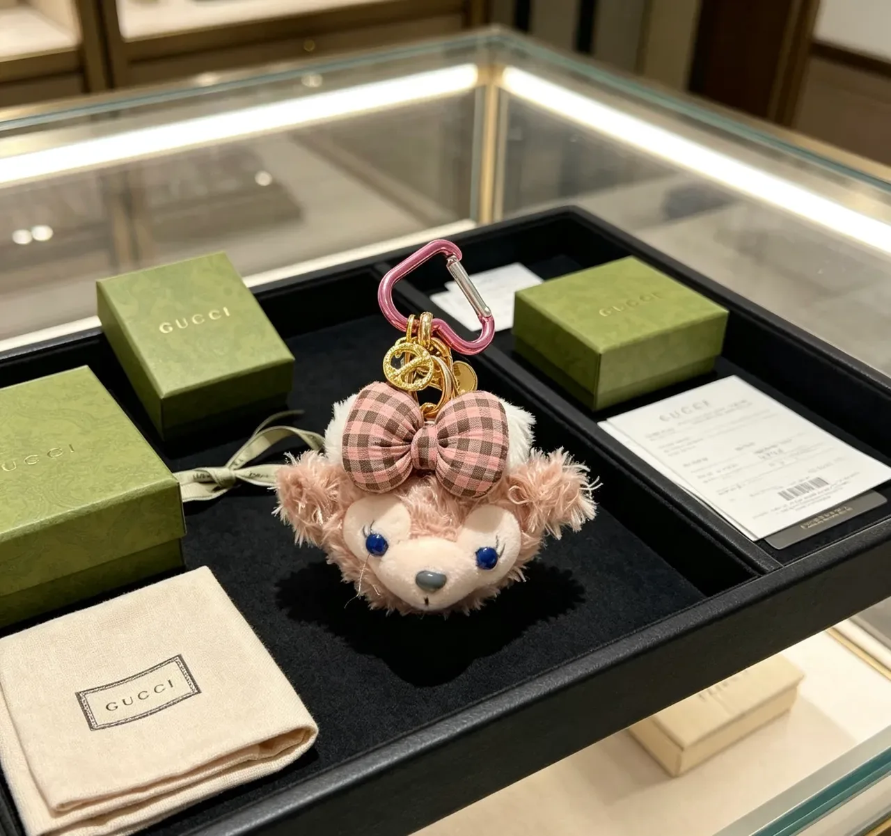 Gucci Pink Brown Plush Animal Head Gingham Bow Handbag 2