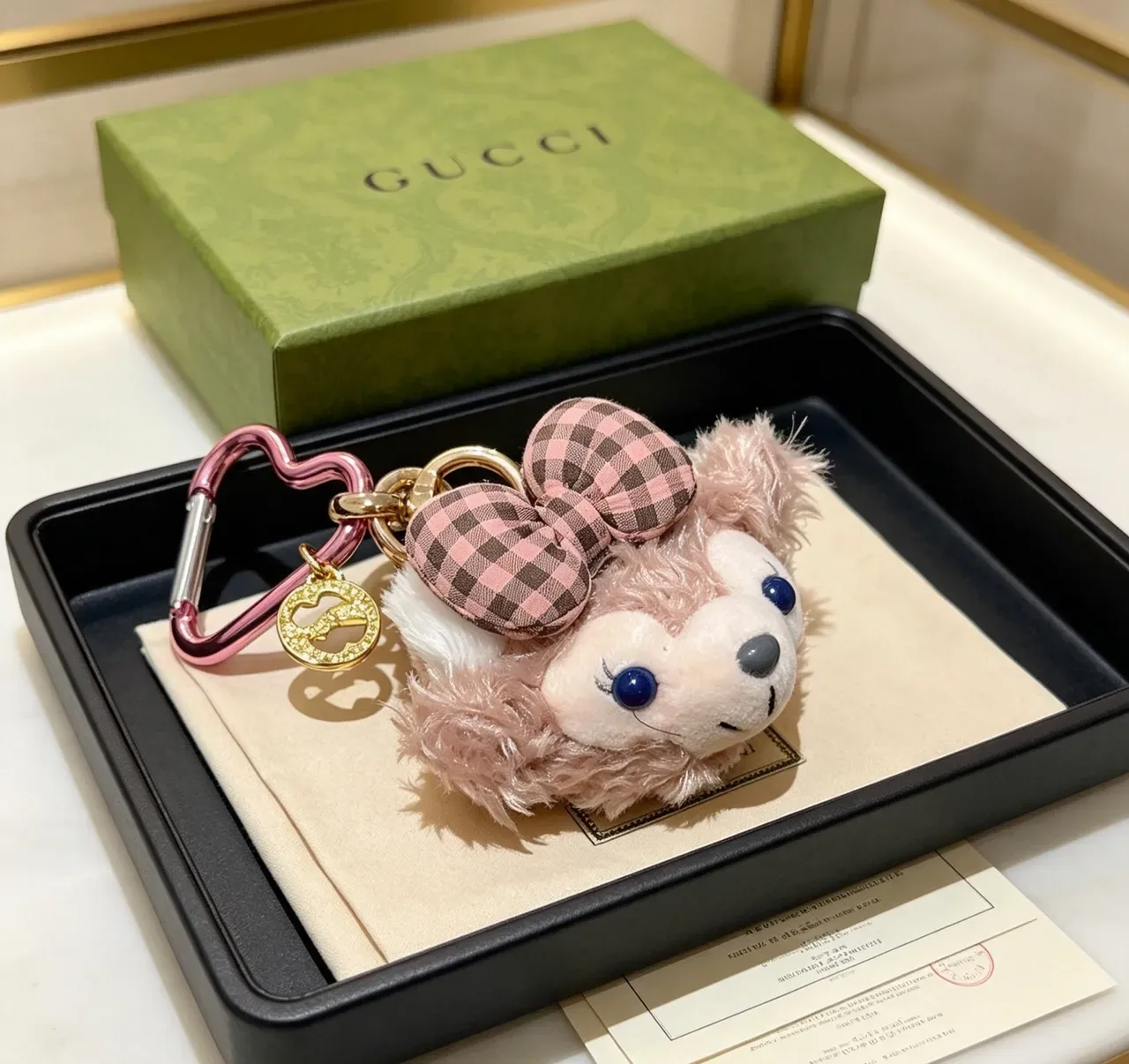 Gucci Pink Brown Plush Animal Head Gingham Bow Handbag 3