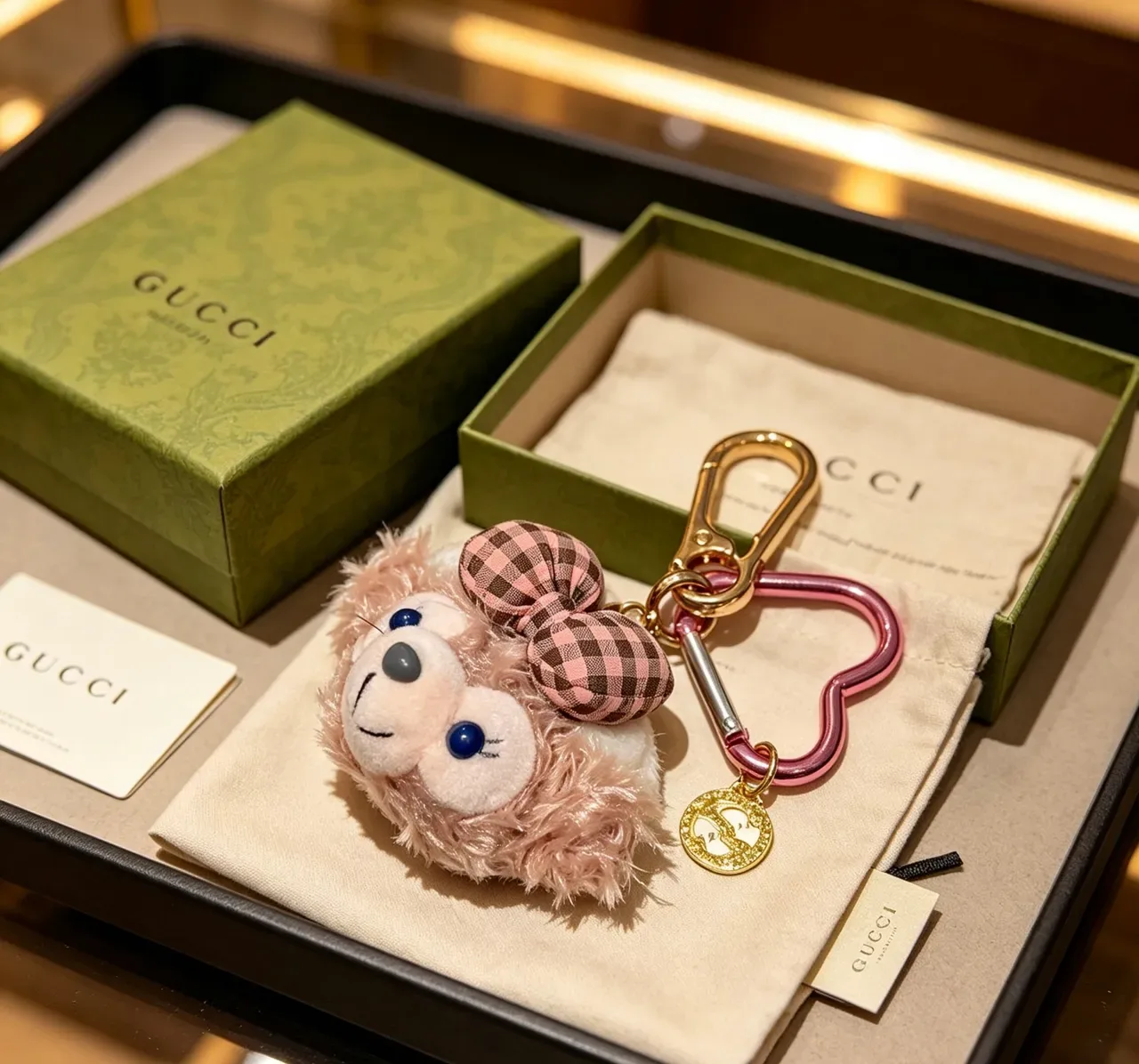 Gucci Pink Brown Plush Animal Head Gingham Bow Handbag 4