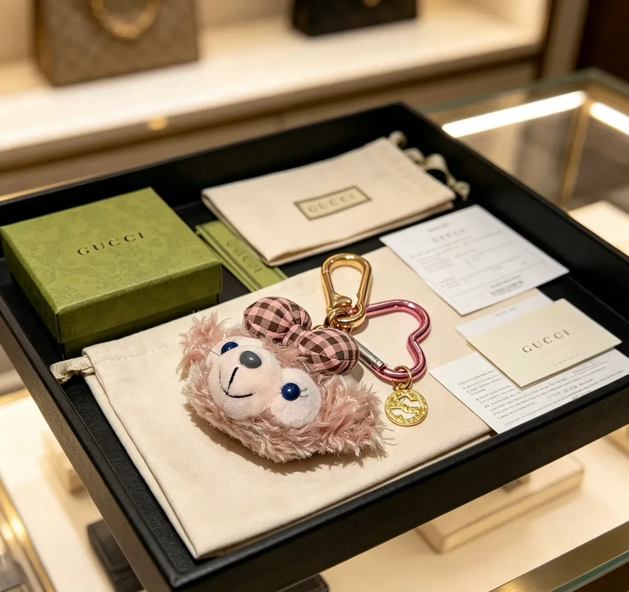 Gucci Pink Brown Plush Animal Head Gingham Bow Handbag 6