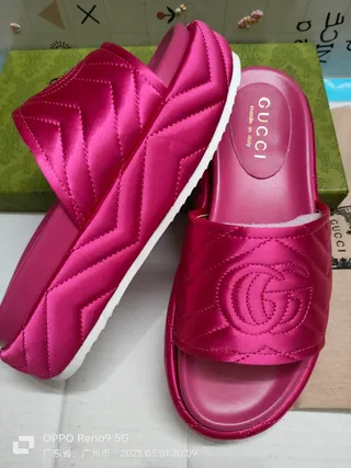 Gucci Pink White Quilted Satin Interlocking GG Logo Slippers 2