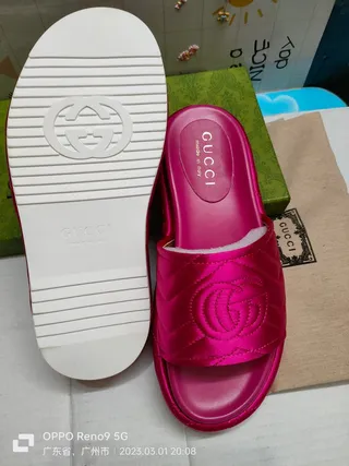 Gucci Pink White Quilted Satin Interlocking GG Logo Slippers 3