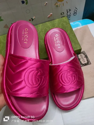 Gucci Pink White Quilted Satin Interlocking GG Logo Slippers 4