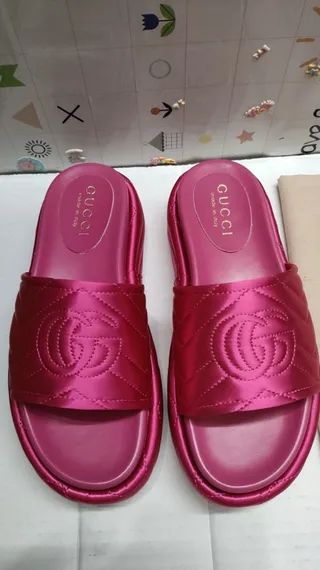 Gucci Pink White Quilted Satin Interlocking GG Logo Slippers 5