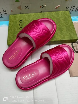 Gucci Pink White Quilted Satin Interlocking GG Logo Slippers 6