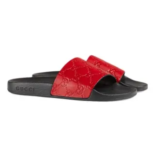 Gucci Red Black Monogrammed Leather Strap Molded Rubber Sole Slippers