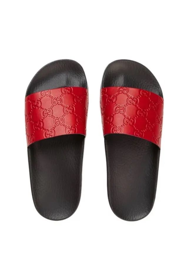 Gucci Red Black Monogrammed Leather Strap Molded Rubber Sole Slippers 2
