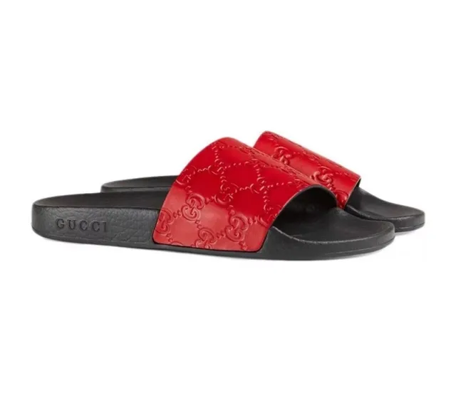 Gucci Red Black Monogrammed Leather Strap Molded Rubber Sole Slippers 3