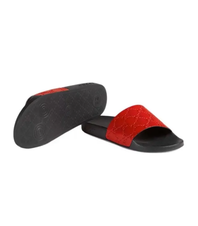 Gucci Red Black Monogrammed Leather Strap Molded Rubber Sole Slippers 4