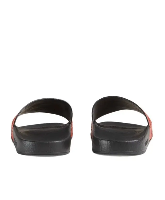 Gucci Red Black Monogrammed Leather Strap Molded Rubber Sole Slippers 5