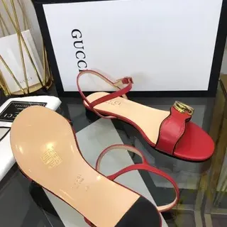 Gucci Red Gold Leather Thin Ankle Strap Gladiator Sandals