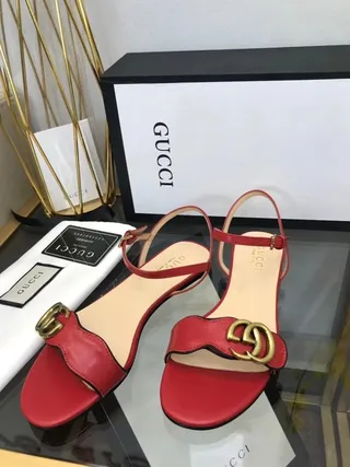 Gucci Red Gold Leather Thin Ankle Strap Gladiator Sandals 5