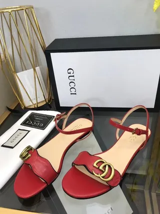 Gucci Red Gold Leather Thin Ankle Strap Gladiator Sandals 6