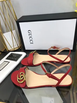 Gucci Red Gold Leather Thin Ankle Strap Gladiator Sandals 7