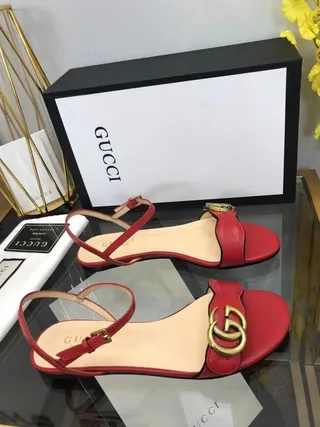 Gucci Red Gold Leather Thin Ankle Strap Gladiator Sandals 8