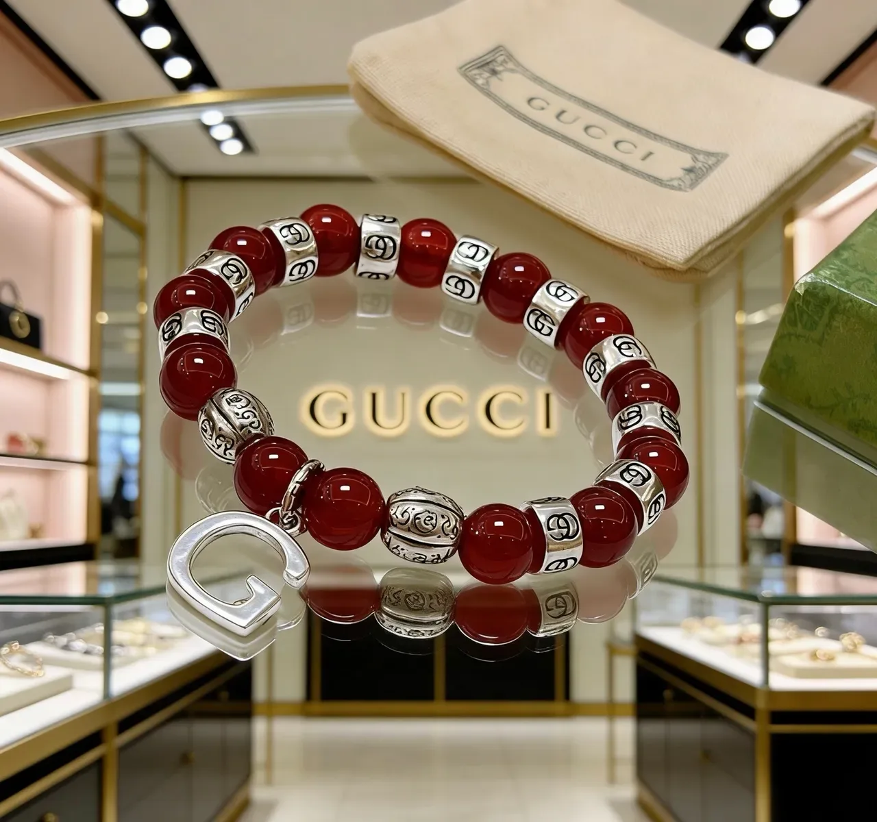 Gucci Red Silver Beaded Interlocking G Motifs Bracelet 2