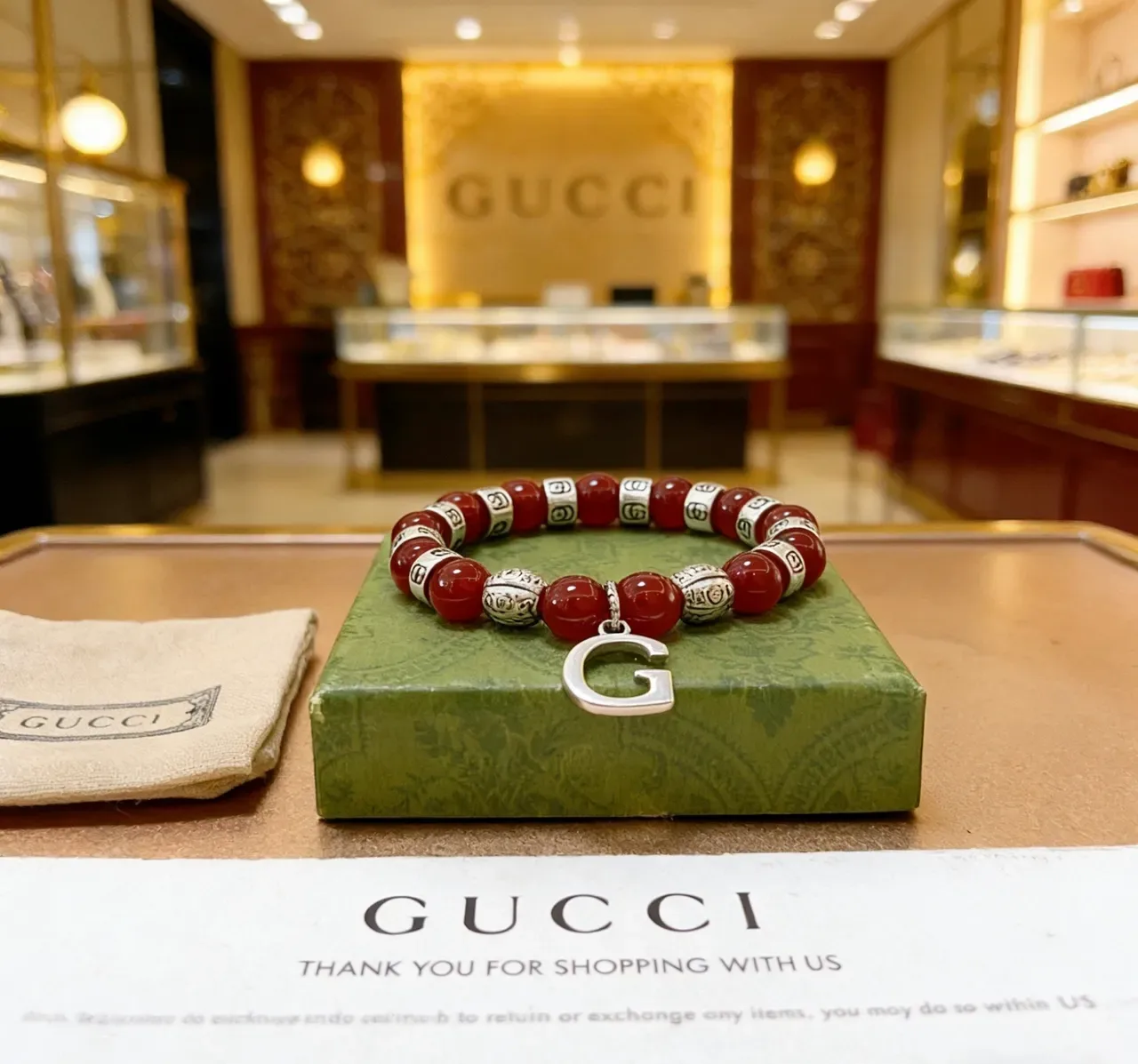 Gucci Red Silver Beaded Interlocking G Motifs Bracelet 4