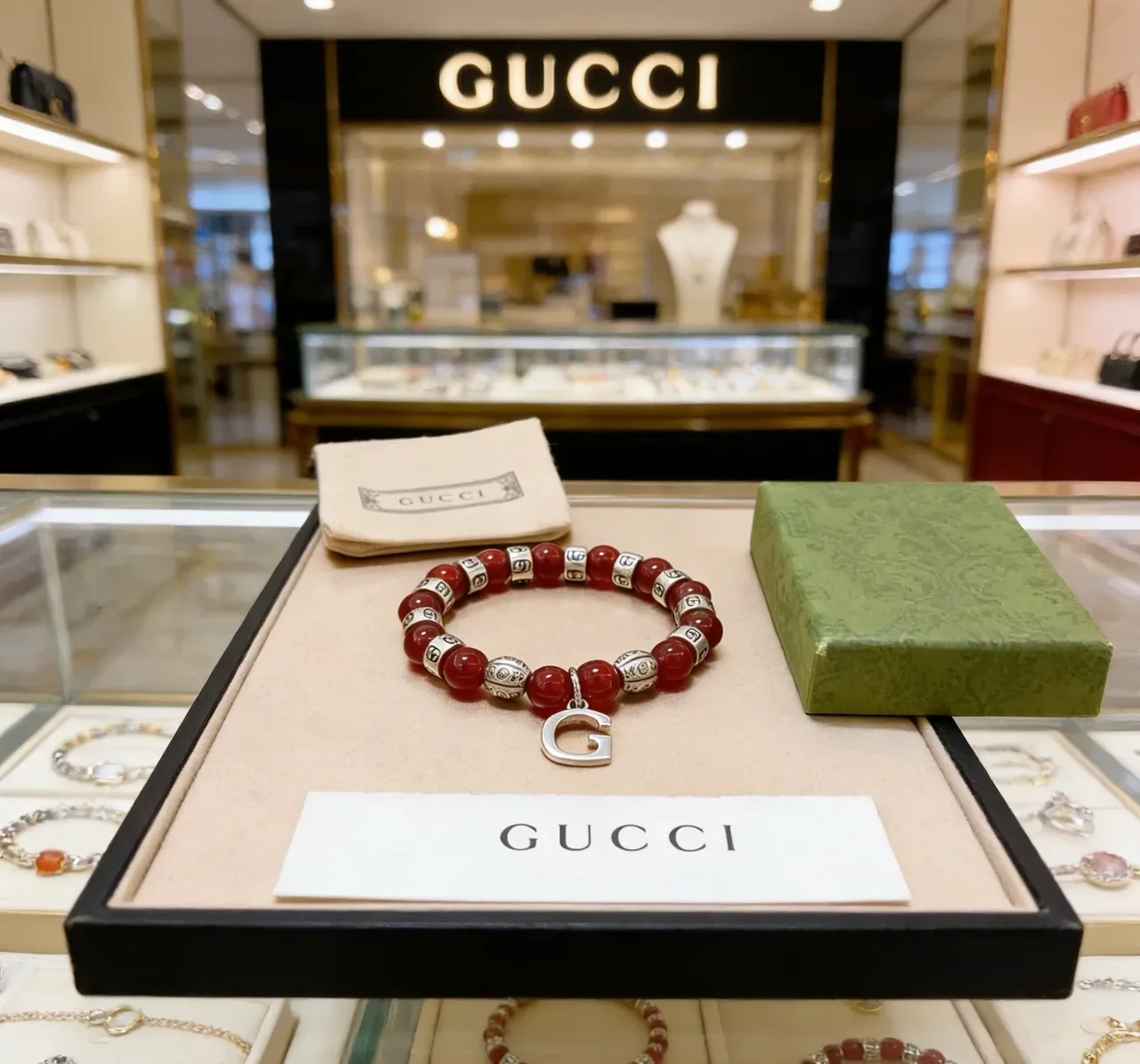 Gucci Red Silver Beaded Interlocking G Motifs Bracelet 6
