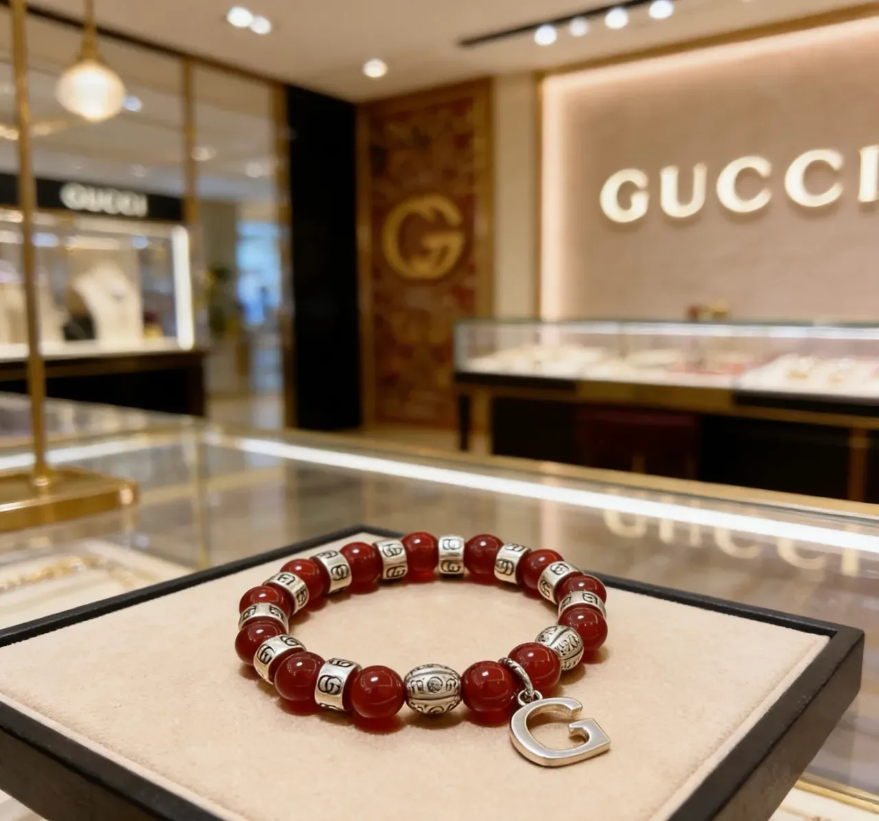 Gucci Red Silver Beaded Interlocking G Motifs Bracelet 7