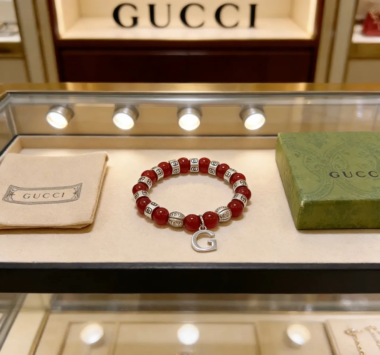 Gucci Red Silver Beaded Interlocking G Motifs Bracelet 9