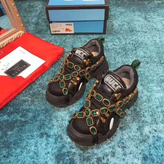 Gucci Rhyton Black Green Laceless Strap Construction Emerald Jewel Embellishments Chunky Sneakers