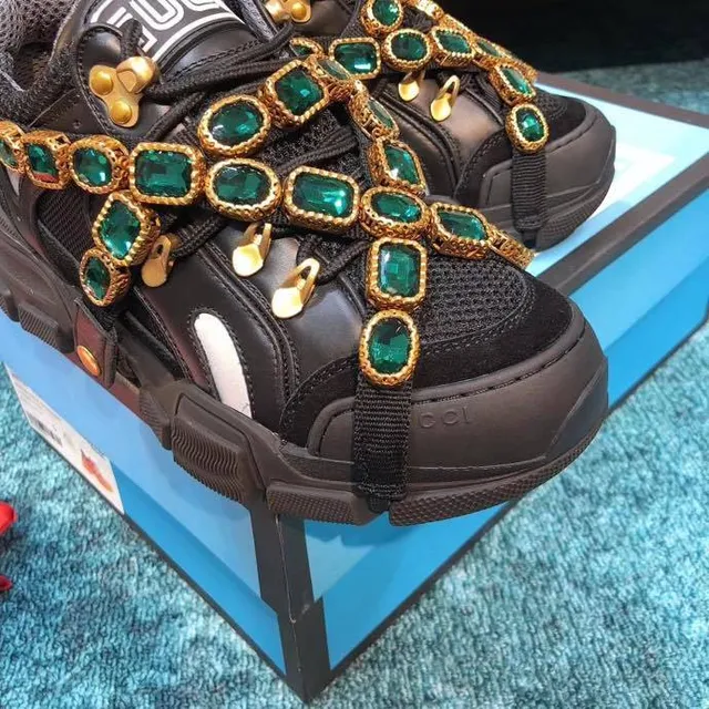 Gucci Rhyton Black Green Laceless Strap Construction Emerald Jewel Embellishments Chunky Sneakers 2