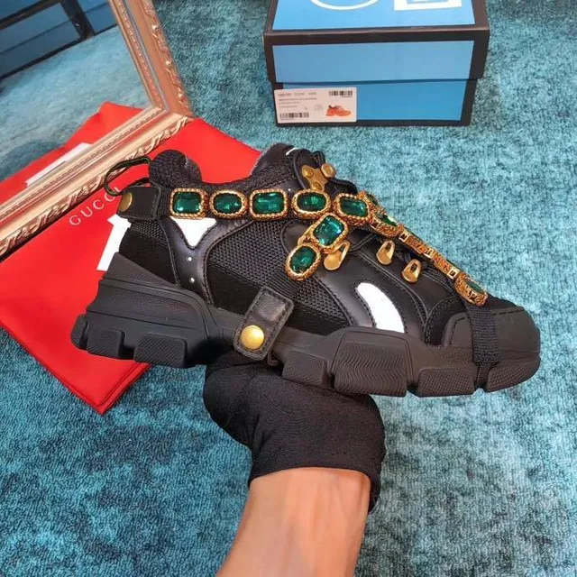 Gucci Rhyton Black Green Laceless Strap Construction Emerald Jewel Embellishments Chunky Sneakers 3