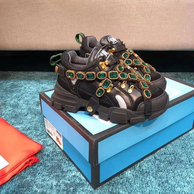 Gucci Rhyton Black Green Laceless Strap Construction Emerald Jewel Embellishments Chunky Sneakers 4