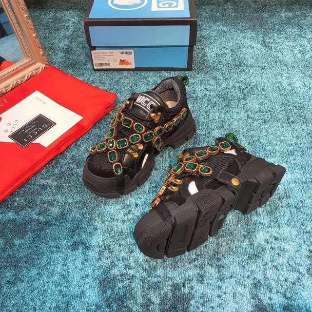 Gucci Rhyton Black Green Laceless Strap Construction Emerald Jewel Embellishments Chunky Sneakers 5