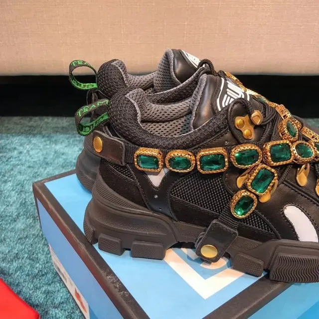 Gucci Rhyton Black Green Laceless Strap Construction Emerald Jewel Embellishments Chunky Sneakers 7