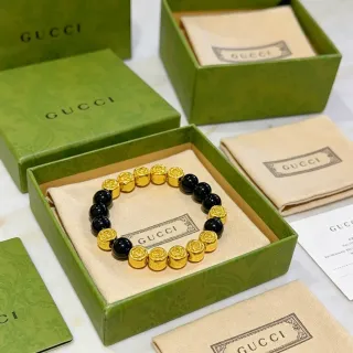 Gucci Rose Motif Black Gold Beads Polished Bracelet